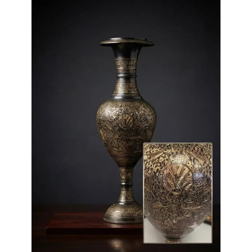 Artisan Hand-Etched Indian Handcrafted Floral Metal Vase With its elegant silhouette and classic ornamental details